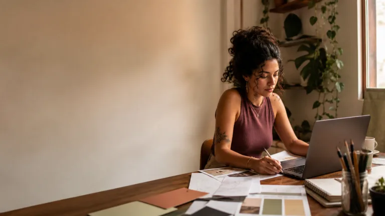 Estudante desenvolvendo um projeto acadêmico com notebook