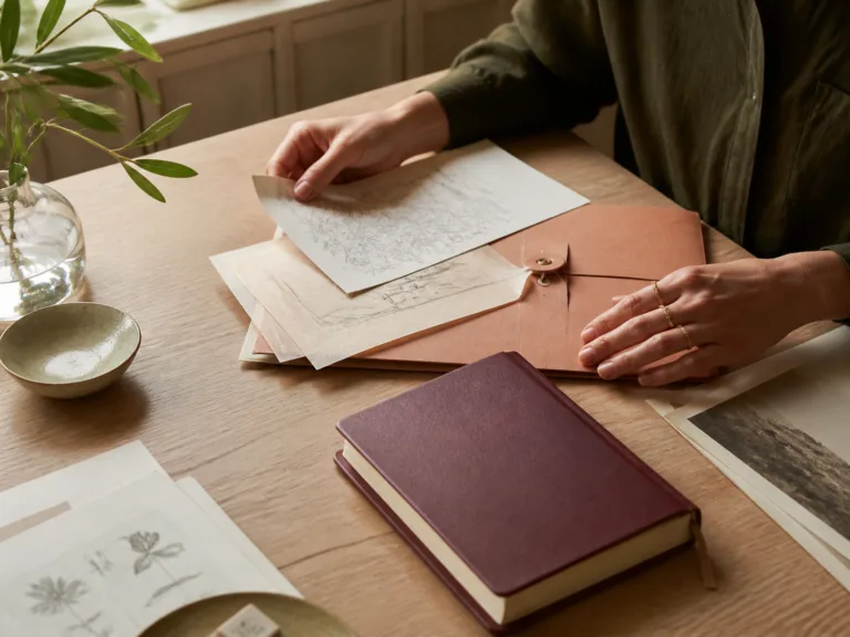 Mãos organizando materiais de pesquisa em uma mesa de estudo