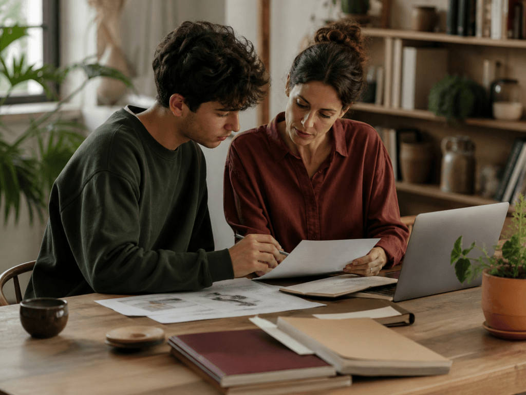 Grupo de estudantes analisando um projeto acadêmico em conjunto